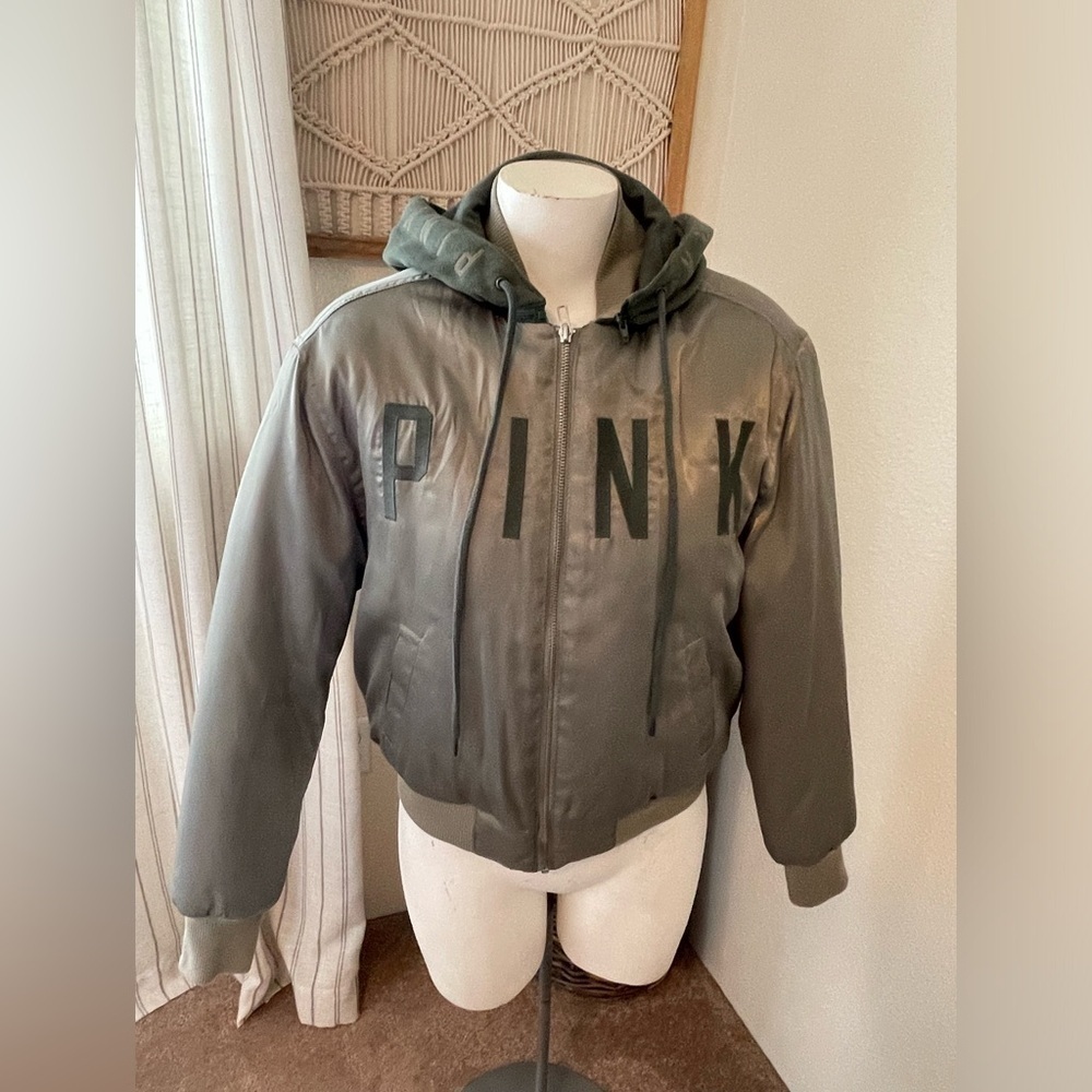 Victoria Secret Pink Olive Green Satin Bomber Jacket with Hoodie Size Small